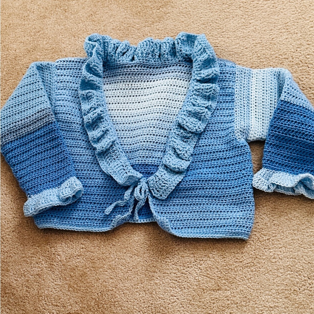 Blue Crochet Cardigan with Ruffle Trim